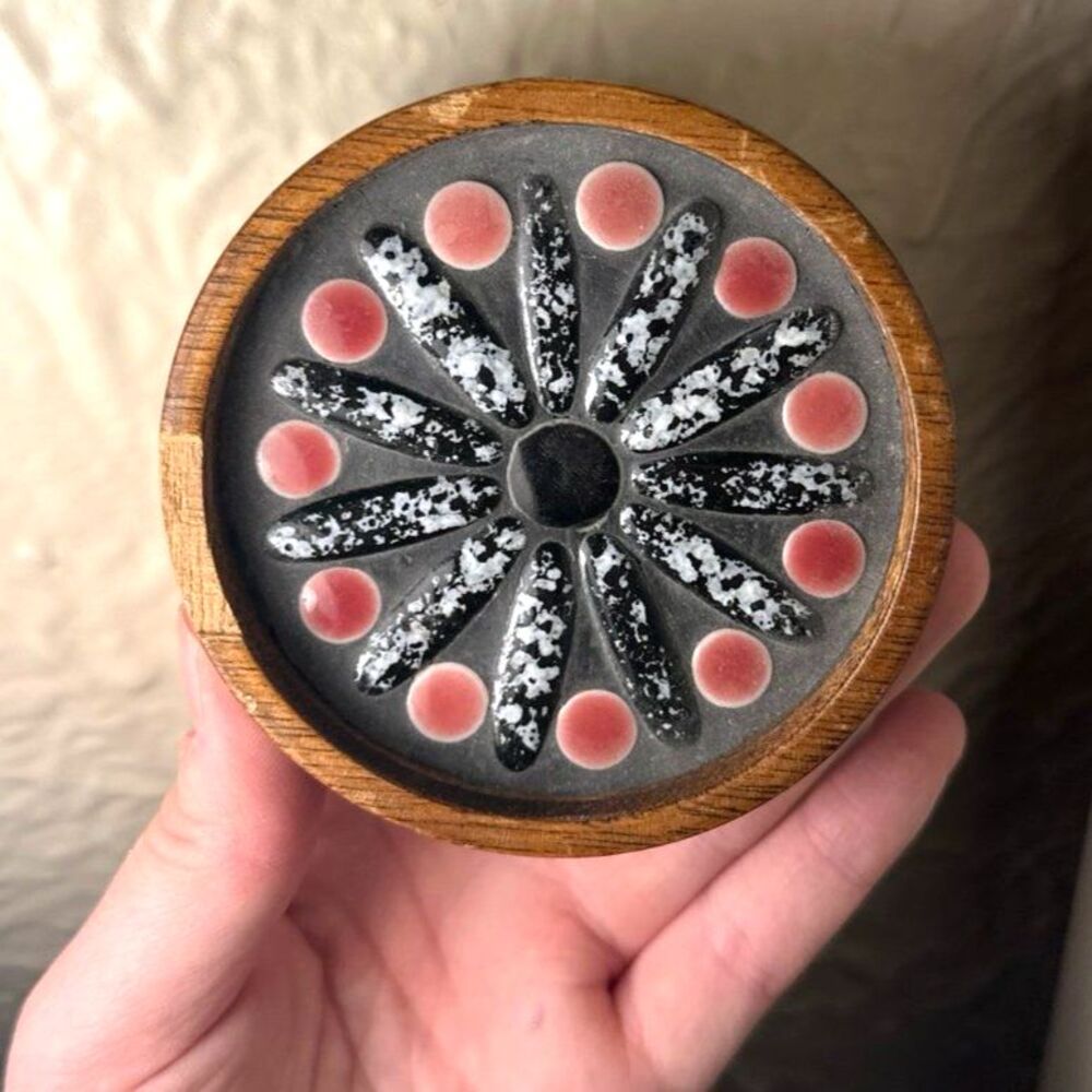 Trinket Bowl Ringer Holder Mid Century Ceramic Tile and Wood Coaster